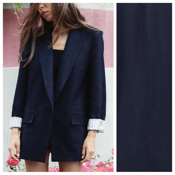 NWT. Zara Navy Blue Linen Blend Open Front Blazer. Size XXL. - Picture 1 of 12